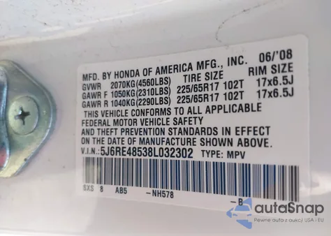 2008 Honda Cr-V Ex z USA, uszkodzony, nr VIN 5J6RE48538L032302